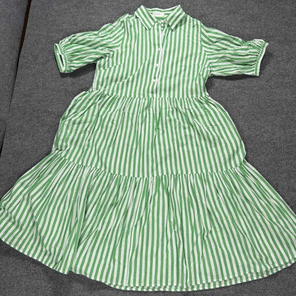 Maye Dress Womens Medium Green White Striped Tiered Cotton Midi